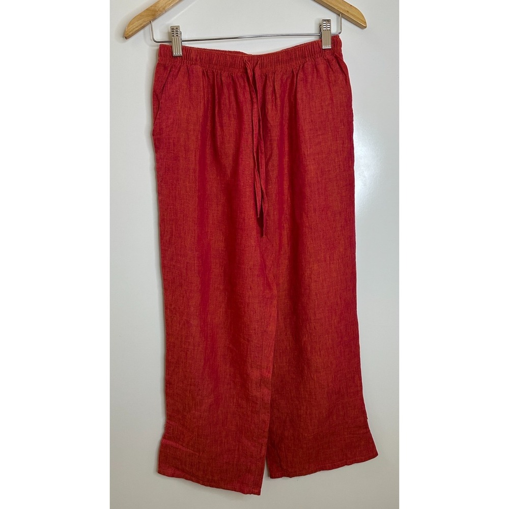 Orvis 100% Linen Elastic Waist Drawstring Crop Pants Button Slit Back Red Small - Picture 2 of 15